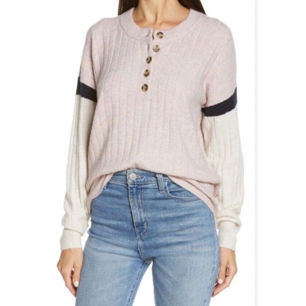 Madewell Sweater Bowden Henley Alpaca Wool Blend Women Size Small Pink White